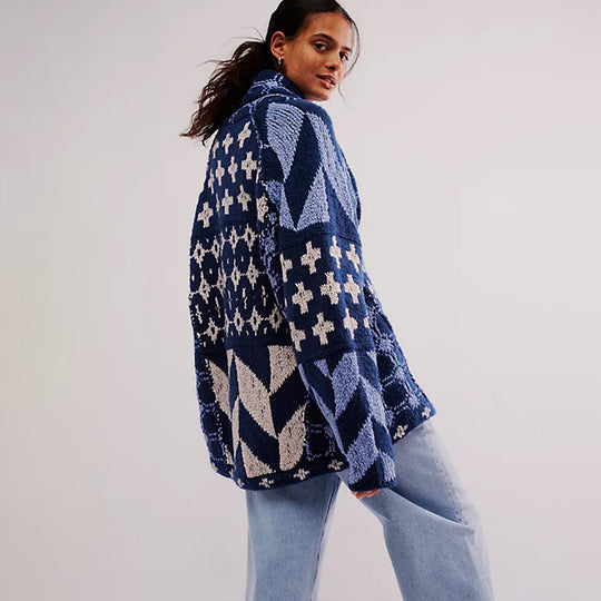 Damen Oversized Strickjacke mit Schalkragen und grafischem Muster EB