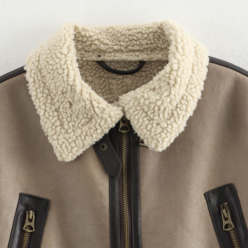Damen lässige jacke mit Teddyfellkragen und verstellbarem Gürtel EB