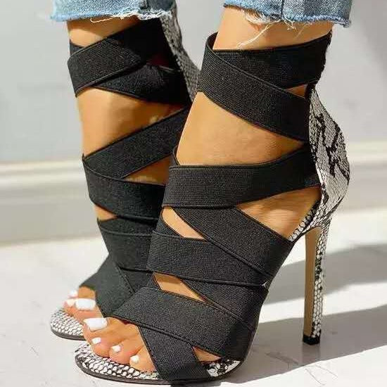Damen High Heel Sandalen mit elastischen Riemen und stylischem Schlangenleder-Design EB