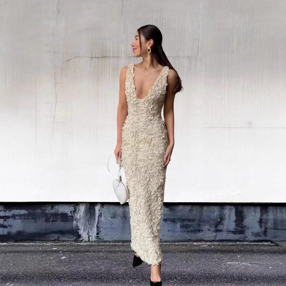 Damen Exquisites Abendkleid mit floralem Design und tiefem Ausschnitt EB