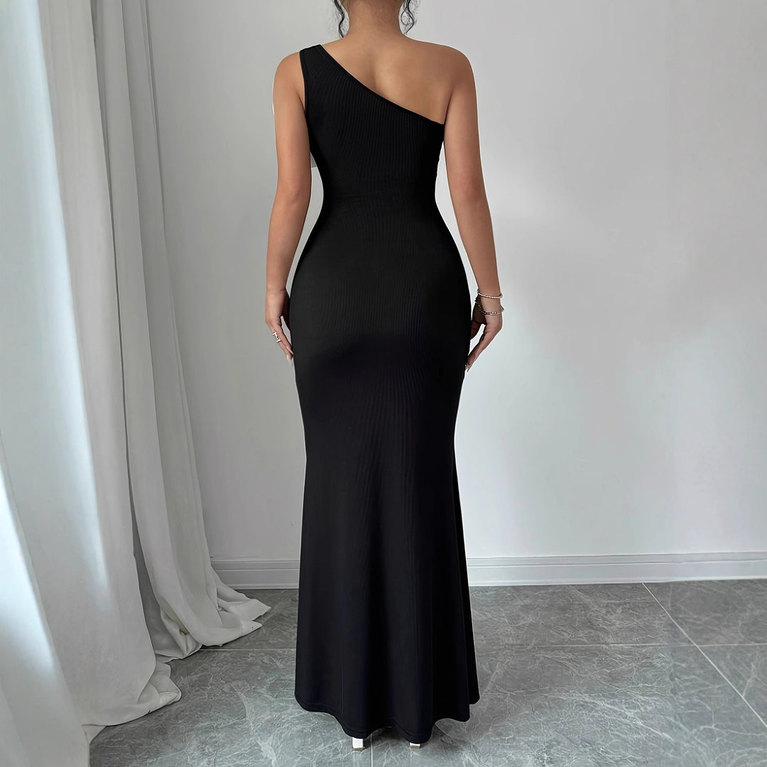 Damen figurbetontes Maxikleid mit asymmetrischem Design und dekorativer Blütenapplikation EB