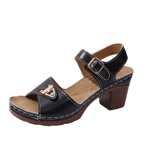 Damen Komfortable Sandalen mit modischen Riemen und mittelhohem Absatz EB