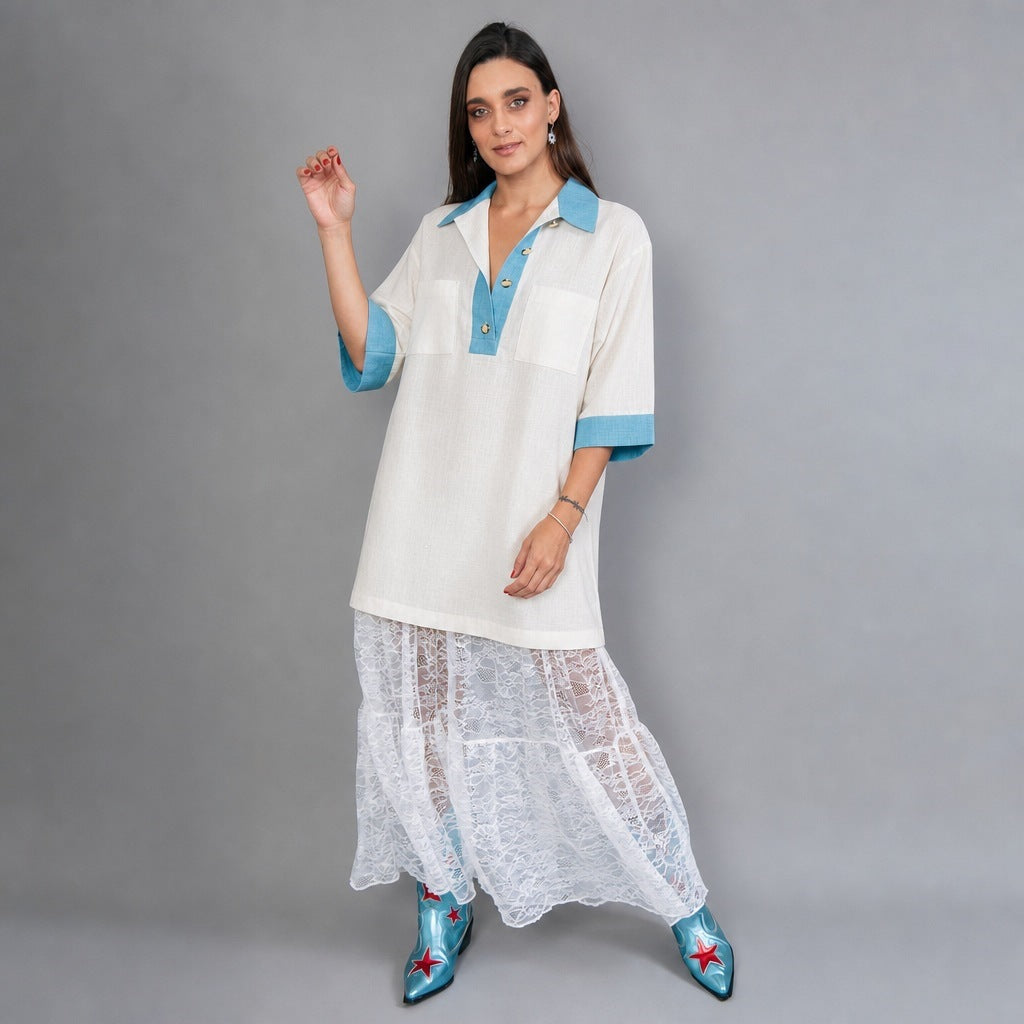 Damen oversized Polo-Tunika mit Kontrastkragen und aufgesetzten Brusttaschen Eichborn Berlin