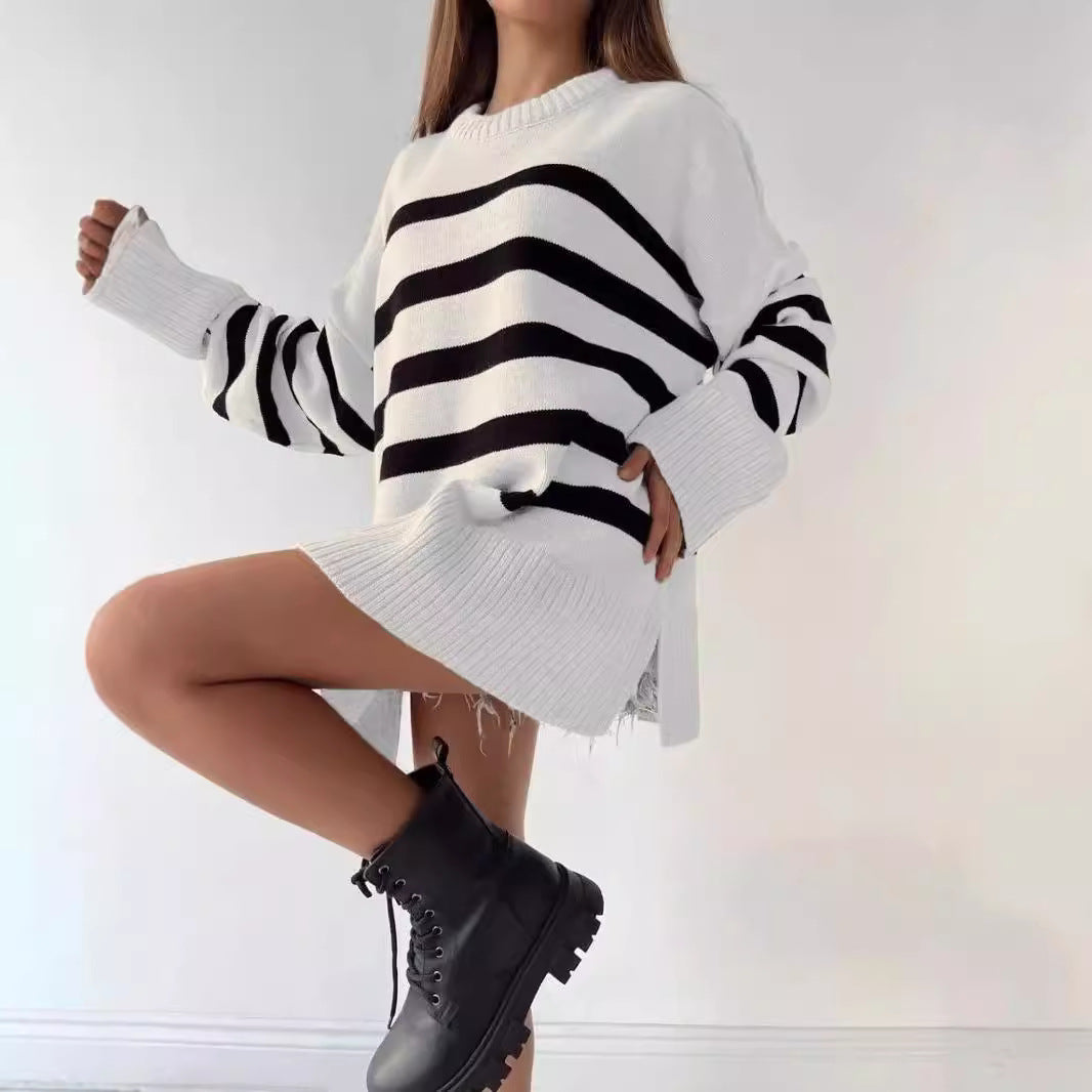 Damen Oversized Strickpullover mit markantem Streifenmuster und Rippenbündchen EB