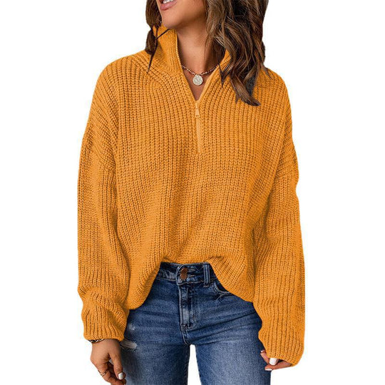 Damen Grobstrickpullover mit Stehkragen und Reißverschluss EB