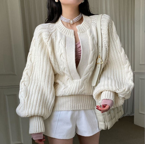 Damen Grobstrick-Pullover mit voluminösen Ärmeln und V-Ausschnitt EB
