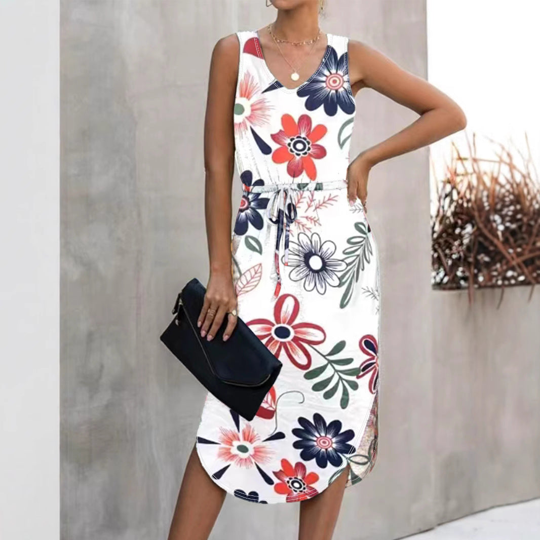 Damen Blumenmaxikleid mit elastischem Taillenkordelzug und seitlichem Schlitz EB
