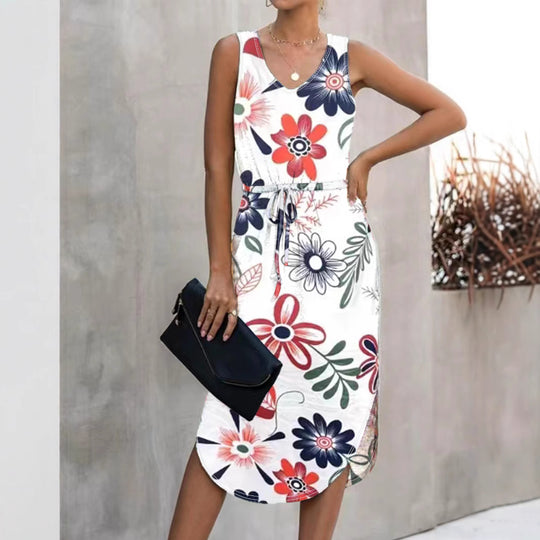 Damen Blumenmaxikleid mit elastischem Taillenkordelzug und seitlichem Schlitz EB