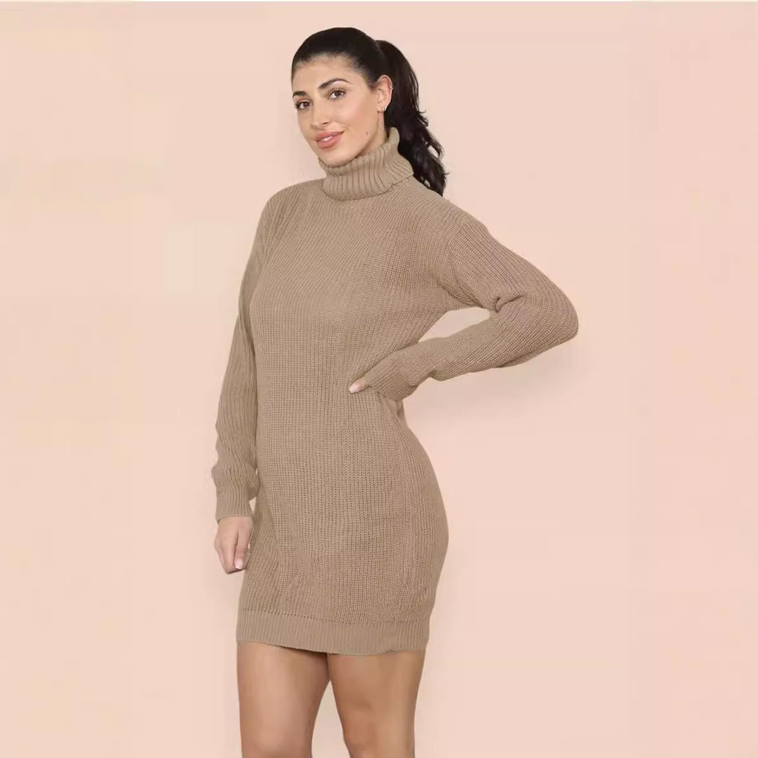Damen Strickkleid im Oversized-Stil mit hohem Kragen und dekorativem Rippdesign EB