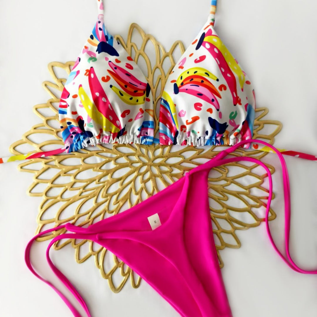 Damen Bikini-Set mit buntem Obstmuster und seitlichem Knoten EB