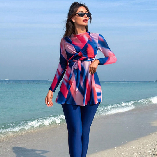 Damen modischer Strandanzug mit langen Ärmeln und femininem Wickeldetail EB