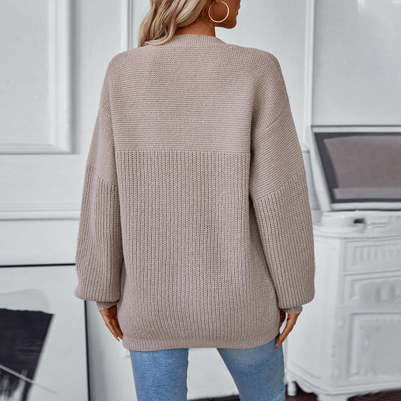 Damen lockere Strickjacke mit V-Ausschnitt und Strukturmuster EB