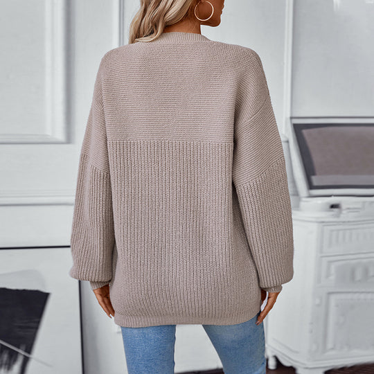 Damen lockere Strickjacke mit V-Ausschnitt und Strukturmuster EB