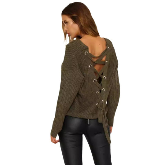 Damen lässiger Strickpullover mit dekorativem Rückenausschnitt und Kordelzug EB