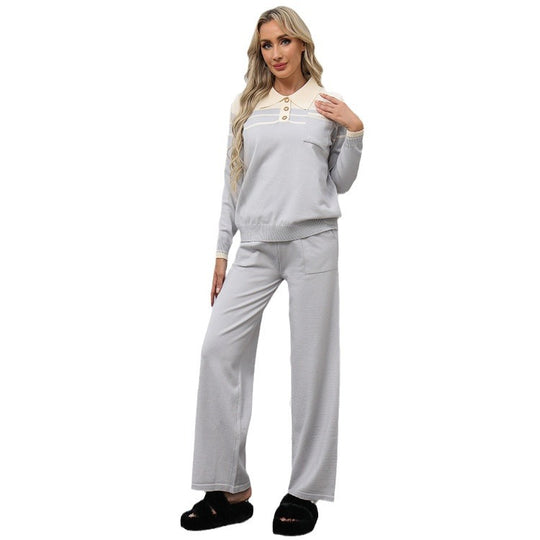 Damen lässiges Strick-Loungewear-Set mit Polokragen und dekorativen Knöpfen EB