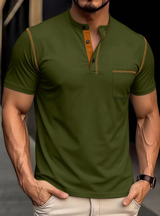 Herren nan modernes Kurzarm-Henley mit Stehkragen, Kontrastnähten und aufgesetzter Brusttasche EB
