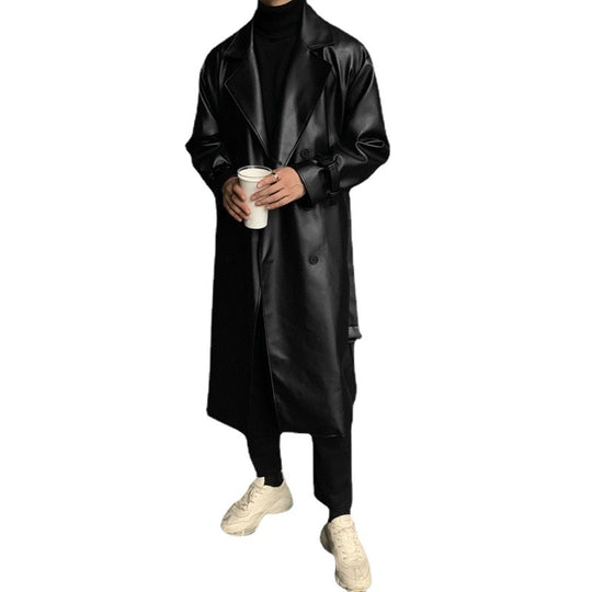 Herren modischer Longtrenchcoat aus hochwertigem Kunstleder mit elegantem Schnitt EB