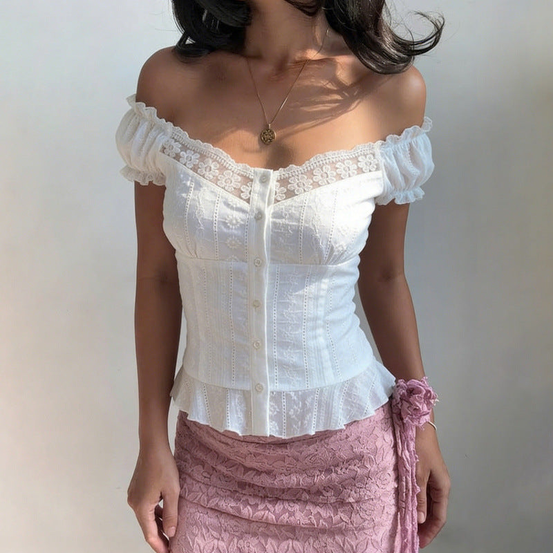 Damen Elegantes Blusenoberteil mit verspielten Puffärmeln und Knopfleiste EB