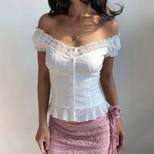 Damen Elegantes Blusenoberteil mit verspielten Puffärmeln und Knopfleiste EB