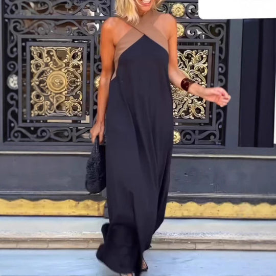 Damen elegant geschnittenes Maxikleid mit asymmetrischen Trägern und hochwertigem Stoff EB