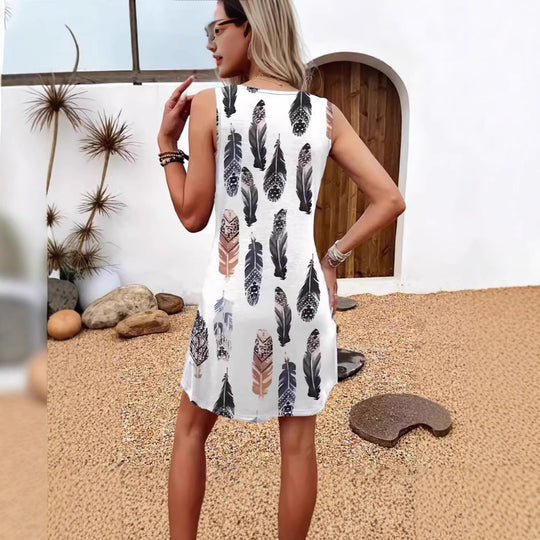 Damen lässiges Sommerkleid mit Federmuster und praktischen Seitentaschen EB