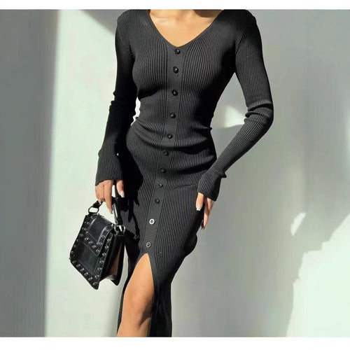Damen Strickkleid mit V-Ausschnitt und Knopfleiste EB