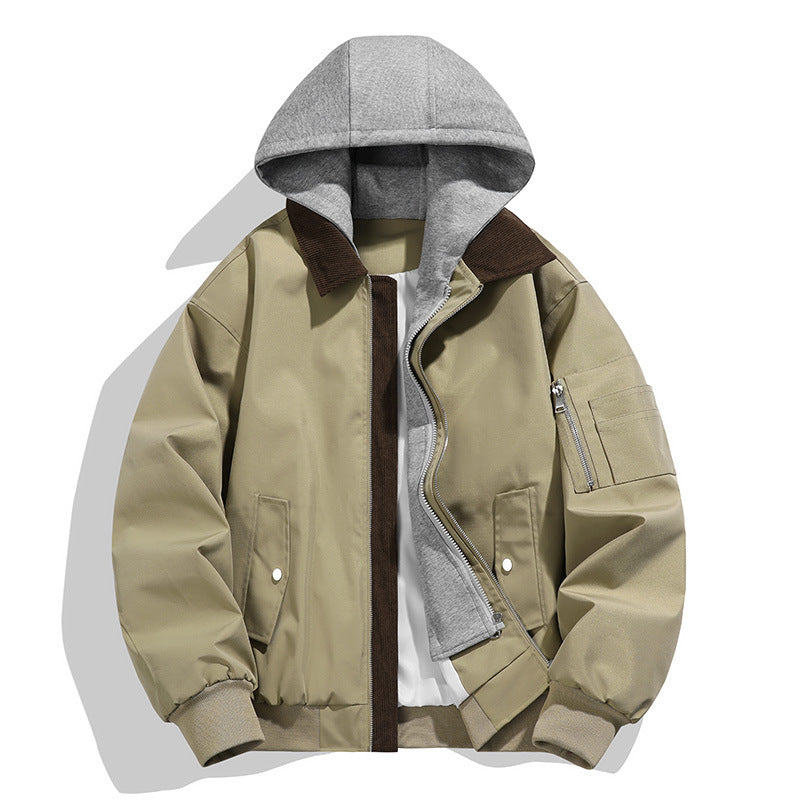 Herren lässige Freizeit-Bomberjacke mit innenliegendem Kapuzenlayer und Cord-Stehkragen EB