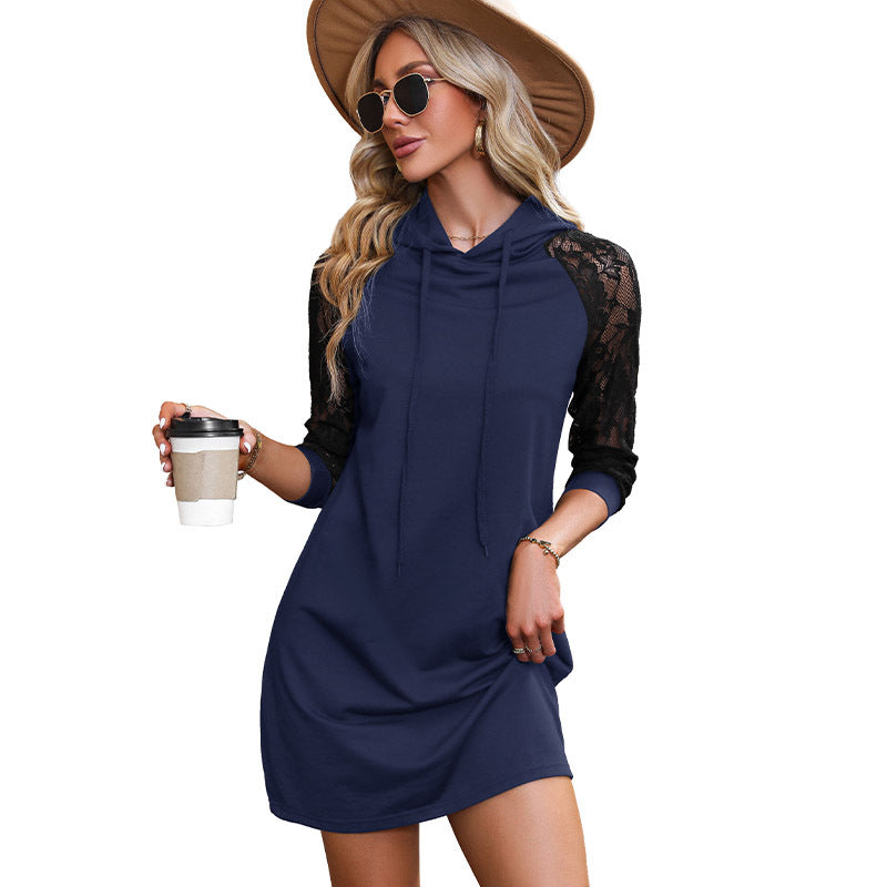 Damen Kapuzenkleid mit eleganten Spitzenärmeln EB