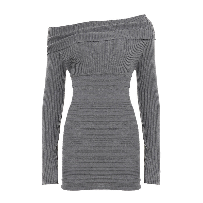 Damen nan schulterfreies figurbetontes Rippenstrick-Kleid mit Umschlagkragen, Längsraffung und Langarm EB