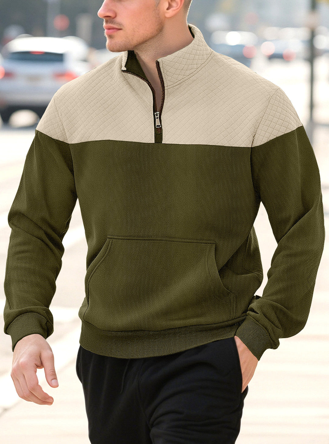 Herren nan Halbzip-Sweatshirt mit gesteppter Schulterpartie Kängurutasche und gerippten Bündchen EB