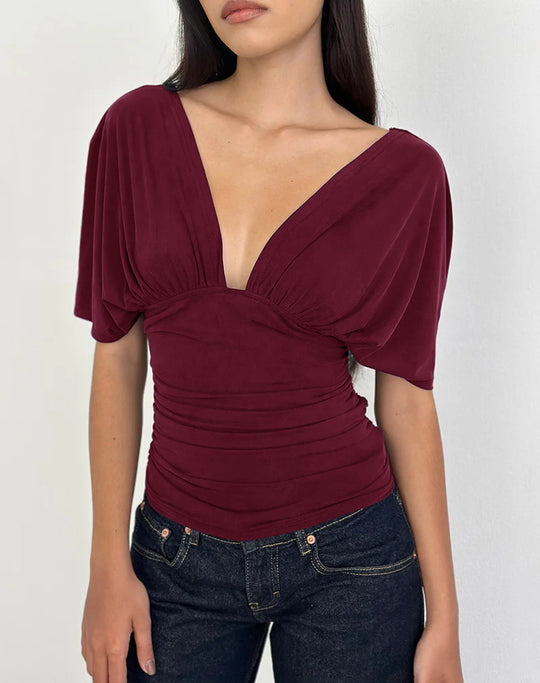 Damen Elegantes Oberteil mit tiefem V-Ausschnitt und lässigem Drapierungsdesign EB