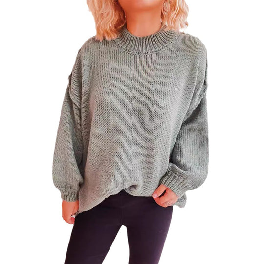 Damen lässiger Grobstrickpullover mit hohem Kragen und weitem Schnitt EB