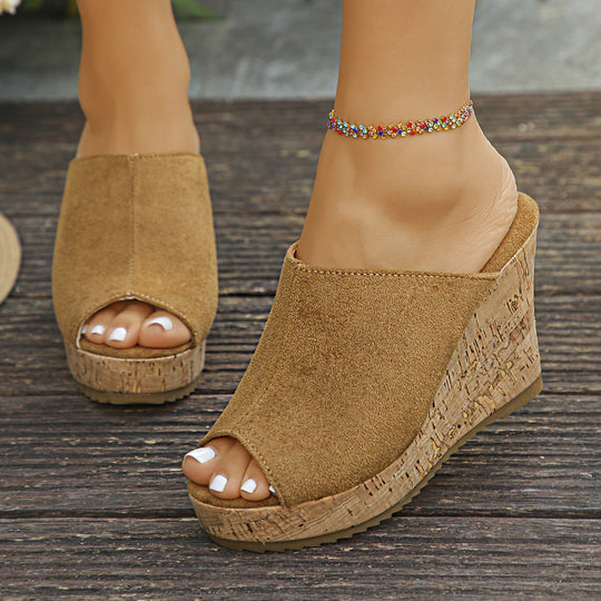 Damen Wedge-Pantoletten aus samtigem Material mit Korksohle EB