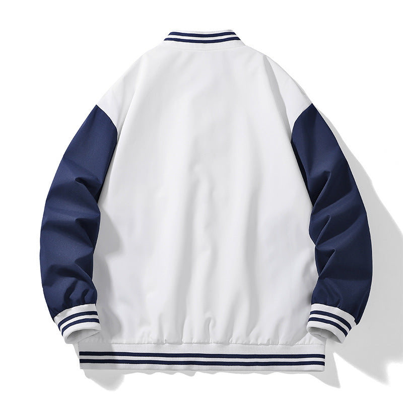 Unisex College-Bomberjacke im Varsity-Stil mit kontrastärmeln, gestreiften Rippbündchen und Druckknopfverschluss EB