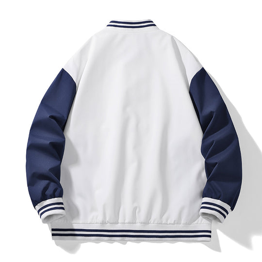Unisex College-Bomberjacke im Varsity-Stil mit kontrastärmeln, gestreiften Rippbündchen und Druckknopfverschluss EB