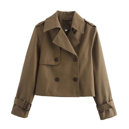 Damen nan kurzes Cropped-Trenchcoat mit doppelreihiger Knopfleiste, aufgesetzter Sturmschürze und verstellbaren Manschetten EB
