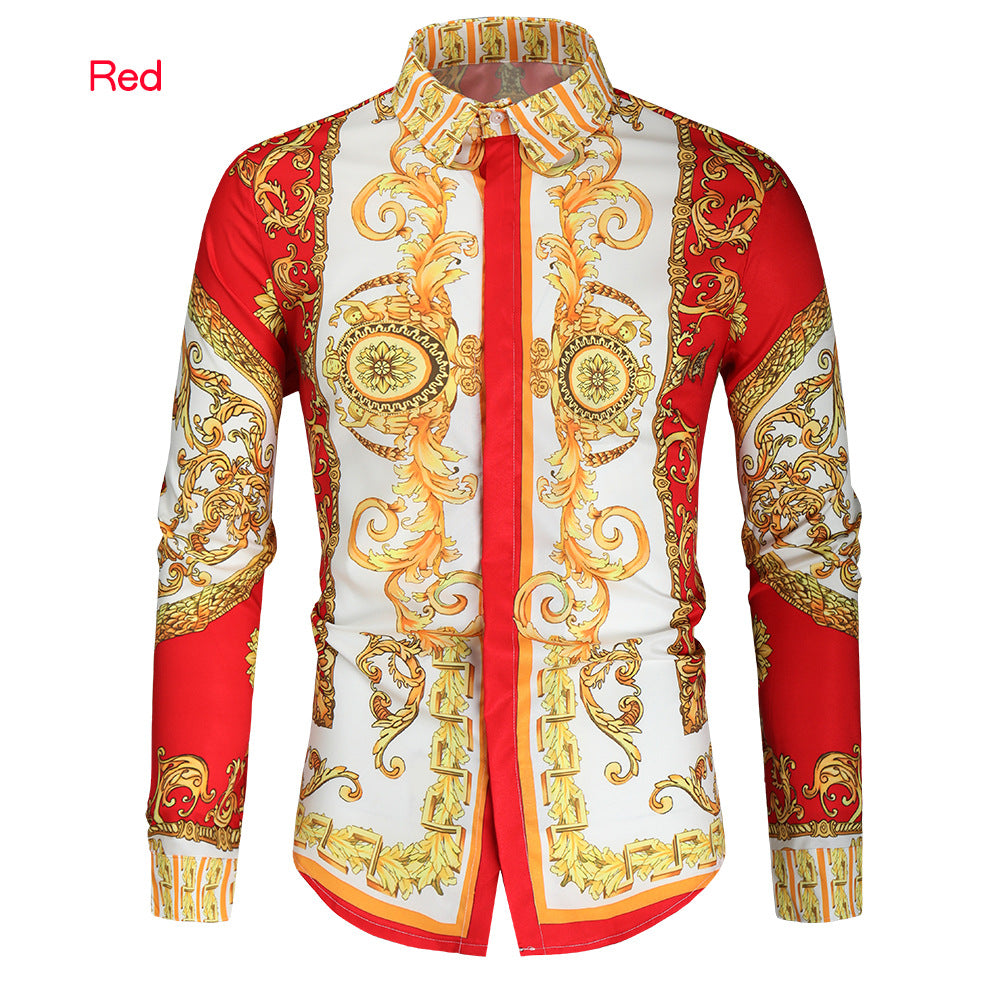 Herren nan barockes Langarm-Hemd mit ornamentalem Druck, Kentkragen und tailliertem Schnitt EB