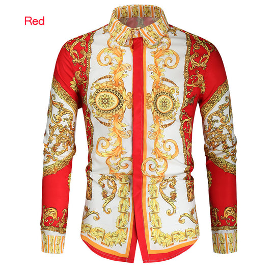 Herren nan barockes Langarm-Hemd mit ornamentalem Druck, Kentkragen und tailliertem Schnitt EB