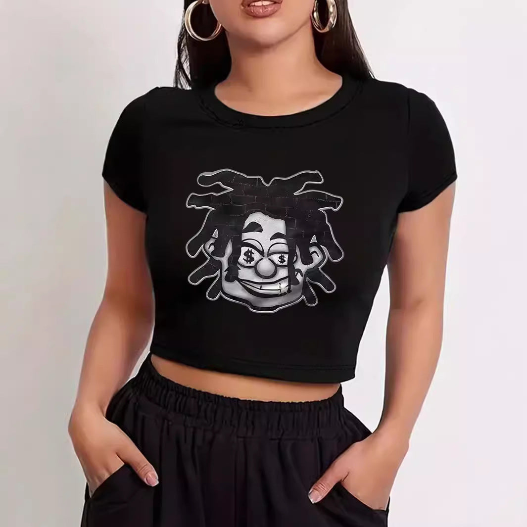 Damen Crop-T-Shirt mit kreativem Comic-Motiv EB