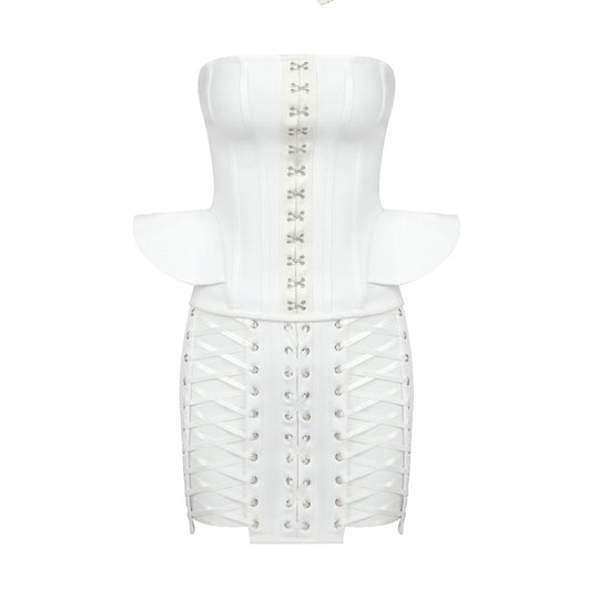 Damen Korsettkleid mit raffinierten Schnürdetails und voluminösen Ärmeln EB