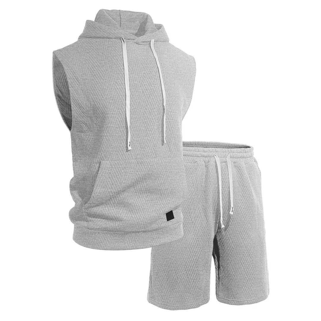 Herren nan ärmelloses Kapuzen-Lounge-Set aus strukturierter Baumwollmischung mit Kängurutasche und elastischer Freizeithose EB