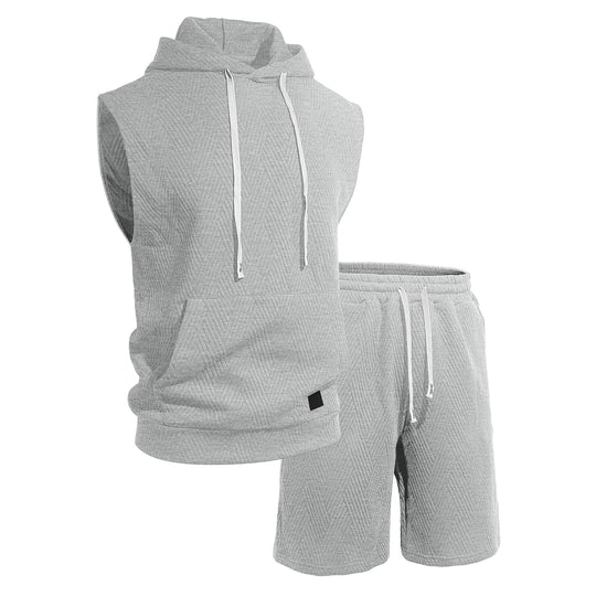 Herren nan ärmelloses Kapuzen-Lounge-Set aus strukturierter Baumwollmischung mit Kängurutasche und elastischer Freizeithose EB