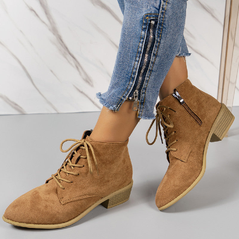 Damen nan knöchelhohe Schnürstiefelette aus Veloursoptik mit seitlichem Reißverschluss und niedrigem Blockabsatz EB
