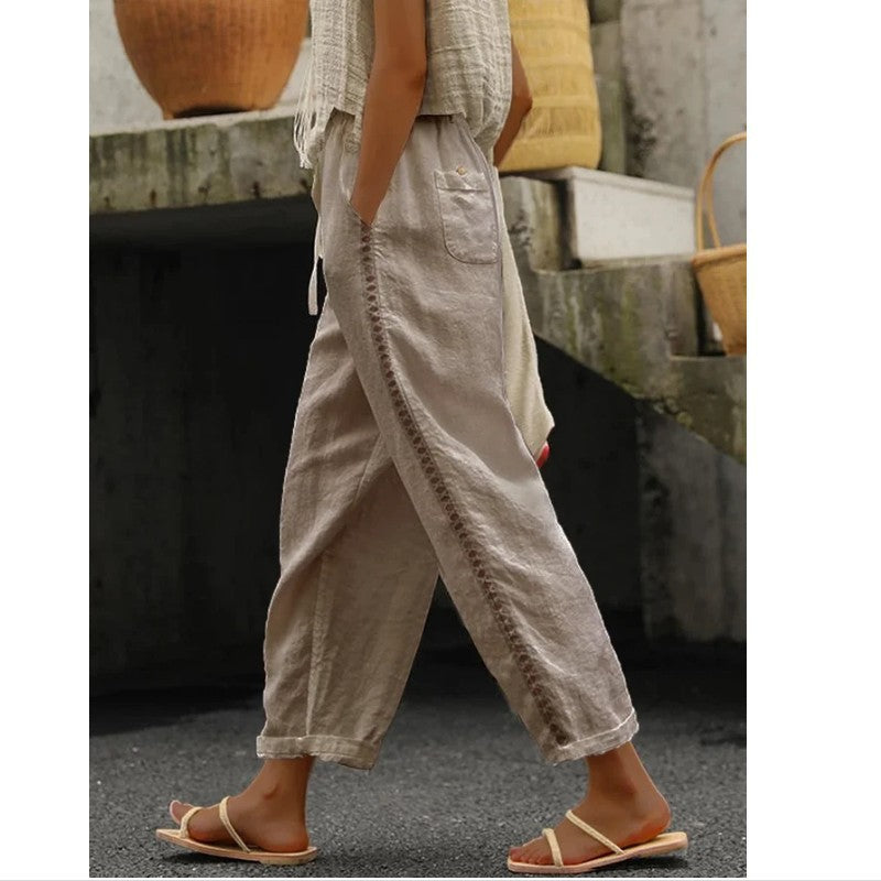 Damen Leichte Leinenhose mit seitlicher Knopfdetail EB