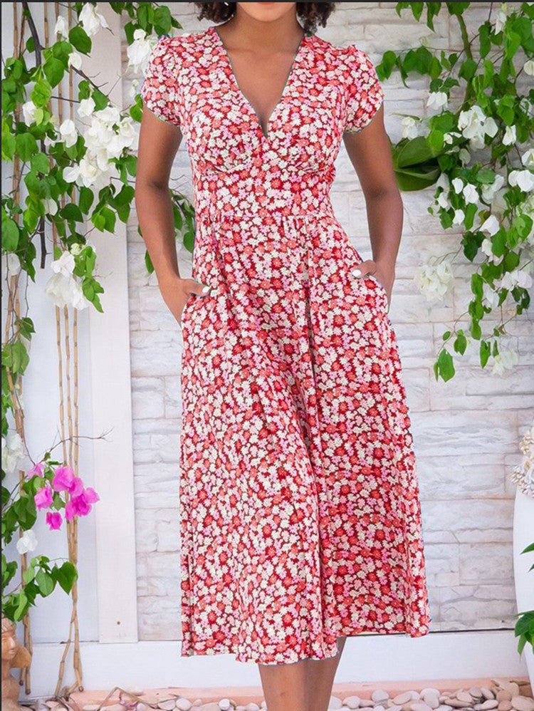 Damen Maxi-Kleid mit floralen Mustern und Taschen EB