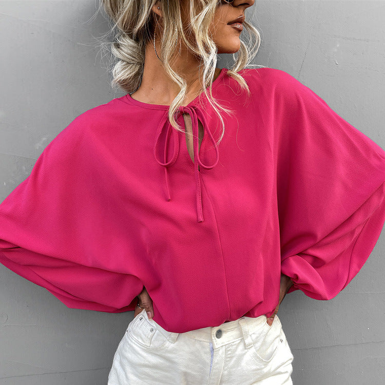 Damen luftiges Blusenshirt mit weiten Ärmeln und modischem Schleifendetail EB