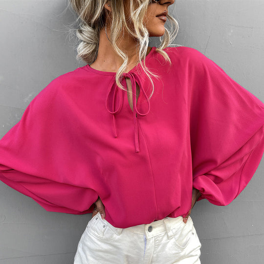 Damen luftiges Blusenshirt mit weiten Ärmeln und modischem Schleifendetail EB