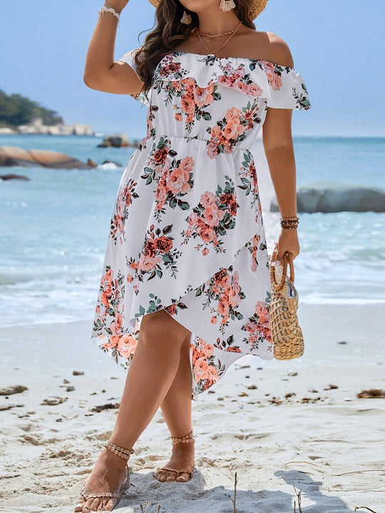 Damen Sommerliches Kleid mit off-shoulder Ausschnitt und floralem Design EB