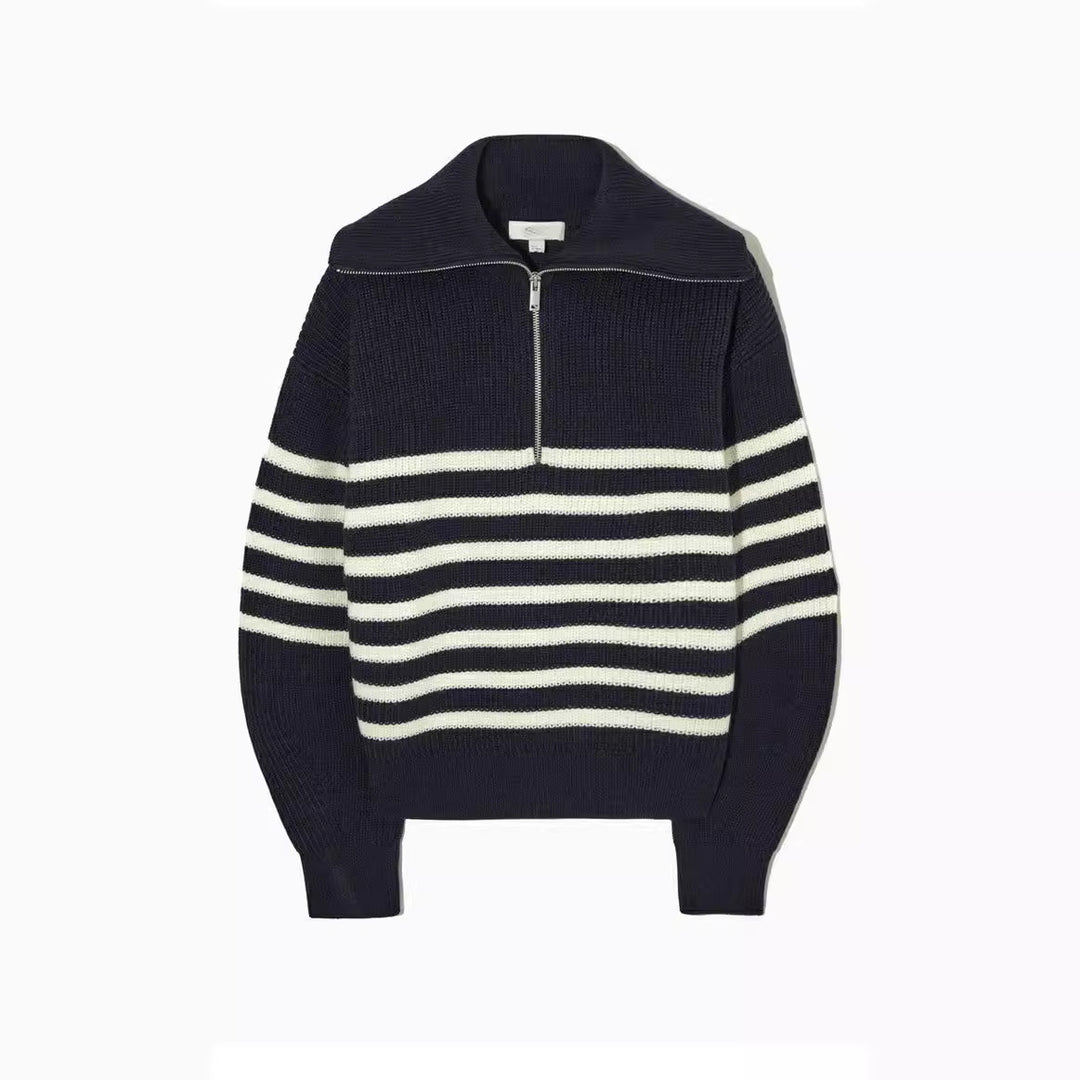 Damen modischer Strickpullover mit halbem Reißverschluss und gestreiftem Design EB