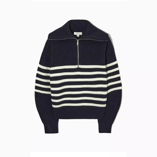 Damen modischer Strickpullover mit halbem Reißverschluss und gestreiftem Design EB